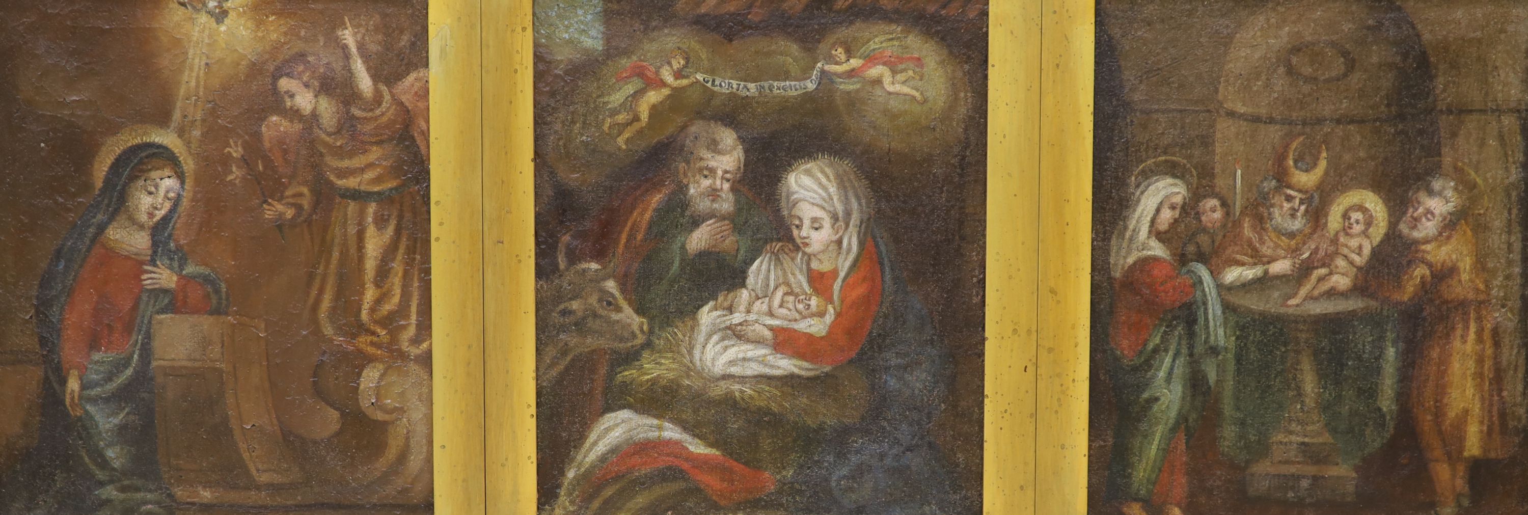 19th century European school, a triptych of Christian narratives, oil on canvas, individually measuring 31 x 26 cm, presented as one in a later gilt frame